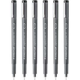 STAEDTLER 308 01-9 Pigment Liner Fineliner Pen - 0.1mm Nib - Black Ink - Pack of 6