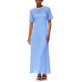 PRETTYGARDEN Womens Eyelet Cover Up Dress 2025 Summer Vacation Resort Maxi Dresses Beach Short Sleeve Hollow Out Sundress (Light Blue,Small)