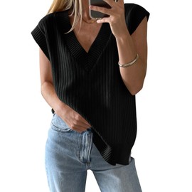Saodimallsu Womens V Neck Sweater Vest Oversized Ribbed Knit Sleeveless Casual Loose Fit Pullover Tank Top Black