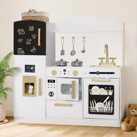 Kinder King Wooden Kids Play Kitchen, Toy Kitchen Playset for Toddler, Play Kitchen Set w/Blackboard, Transparent Coloring Board, Pretend Dishwasher, Oven, Ice Maker, Gift for Boys Girls Age 3+, White