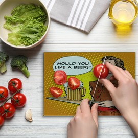 Lunarable Man Cave Cutting Board, Waitress with a Tray Saying Would You Like a Beer Comics Pop Art Style Retro, Decorative Tempered Glass Cutting and Serving Board, Small Size, Multicolor