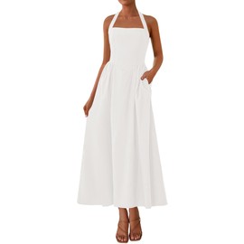 KIRUNDO Summer Dresses for Women 2025 Halter Maxi Wedding Guest Party Cocktail Semi Formal Elegant Classy Long Sundress(Beige White, Medium)
