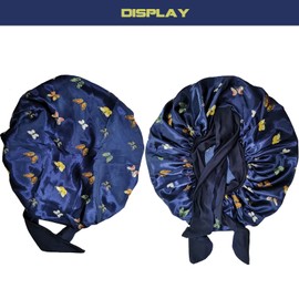 MUFEKUM Hair Bonnet for Sleeping, Printing Satin Bonnet with Stretchy Tie Band Edge Wrap, Wide Band Silk Bonnet Large Night Sleep Cap for Women Girls Hair Care and Sleep (Navy)