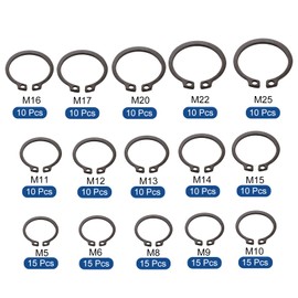 MECCANIXITY 175Pcs Retaining Ring External Snap Rings C-Clip Circlip Alloy 304 Steel M5-M25 Retainer Rings Assortment Kit Set,15 Sizes