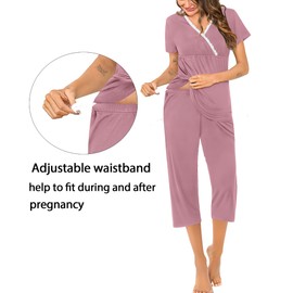 SWOMOG Maternity Pajamas Nursing Pajamas Women Breastfeeding Pjs Pregnancy Sleepwear 2 PCS Postpartum Pajamas Top & Pants Set After Birth Hospital Labor Delivery Maternity Pjs Nightwear