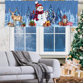 Snowman Christmas Valance Curtain for Kitchen 18"X54" Blue Christmas Decorations Kitchen Window Decor, Deer Winter Valances for Living Room Bedroom Decor Scroll, Rod Pocket Window Treatment Valance