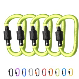 Pack of 5 Carabiner with Screw Cap, Green Key Chain, Carabiner Hook, Aluminium Screw Carabiner, D-Clip for Dog Lead, Harness, Camping, Aluminium Alloy D-type