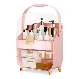 Makeup Organizer Countertop With Lid And Drawers Large Skin Care Cosmetic Display Case Holder for Vanity Desk Bathroom Storage Box,Pink