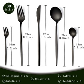 Besteck Set, Besteck Set für 6 Personen, 30 teilig Besteck Set Schwarz Matt, Besteckset aus Edelstahl, Essbesteck mit Messer, Gabel, Löffel, Spülmaschinenfest