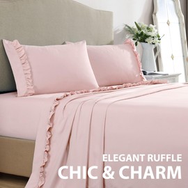 Swift Home Ruffled Hem Microfiber 4-Piece Sheet Set, Double Brushed & Ultra-Soft, Wrinkle Resistant, Easy Fit, Durable – Rose, Full