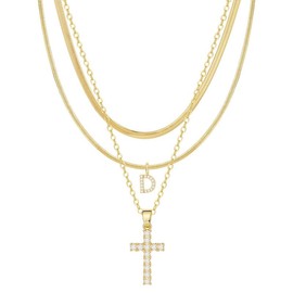 TASISO Layered Gold Necklaces for Women  Tiny Initial Necklaces 14K Gold Plated Stackable Necklaces with CZ Cross Design Safety Pin Necklace Chains:_D