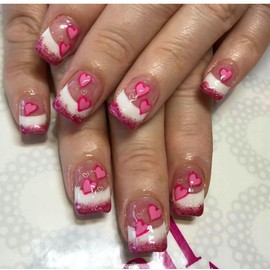 NEWSPIED Valentines Nails Press on Nails Short Square Heart Fake Nails with Designs Pink White Glitter French Tip Glue on Nails Valentine's Day Acrylic Nails Cute False Nails for Women Manicure 24Pcs