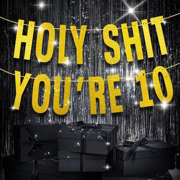 Memogizz Gold Funny Glitter Birthday Banner Holy , You're 10!