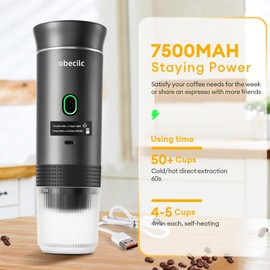 obecilc Portable Coffee Maker for Travel, 20 Bar Espresso Coffee Machine with USB-C,3-In-1 Travel Coffee Maker Self-Heating, Compatible with Ground Coffee & Capsule for Hiking,Office,RV（gray）