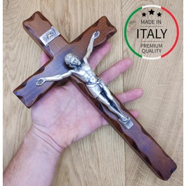Wall Cross - Handmade in Italy Christ and INRI 999 Silver Plated - Wooden Wall Cross Care and Precision of the Details of the Jesus Crucifix - 32 x 18 cm