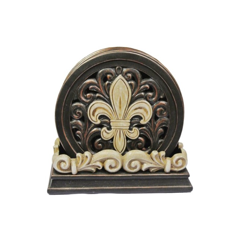 LL Home Fleur-De-Lis Carved Scrolls 4 Coaster Set