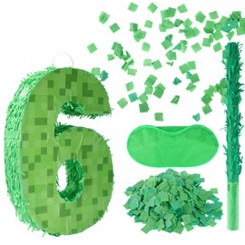 Number Mini Pixel Piñata, Green Pixel Birthday Party Decorations with Stick Blindfold Confetti Piñata Party Set for Kids Birthday Decorations (6)