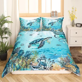 Feelyou Sea Turtle Bedding Set Twin Size Kids Ocean Creature Anchor Decor Comforter Cover Set for Boys Girls Teens Marine Animals Duvet Cover Summer Blue Coastal Themed Bedspread Cover Room Decor