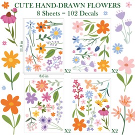 AOWDIAO Floral Wall Decals - 102 Pcs Peel and Stick Vinyl Flower Stickers - Assorted Varieties & Colors for Bedroom, Kids’ Rooms, Nursery, or Living Room Decor