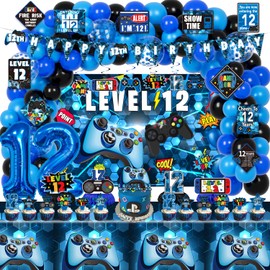 KOTLMIGHT 12h Birthday Decorations for Boys, 149Pcs Blue Video Game level 12 Party Supplies for Boy 12th Birthday - Backdrop, Banner, Balloons, Tablecloth, Centerpieces, Hanging Swirls, Wall Signs