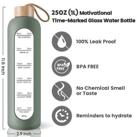 PROBTTL 25 oz Glass Water Bottles - Time Marker Motivational Borosilicate Glass Water Bottle With Silicone Sleeve and Bamboo Lid, Leak Proof, Reusable, BPA Free (Olive)