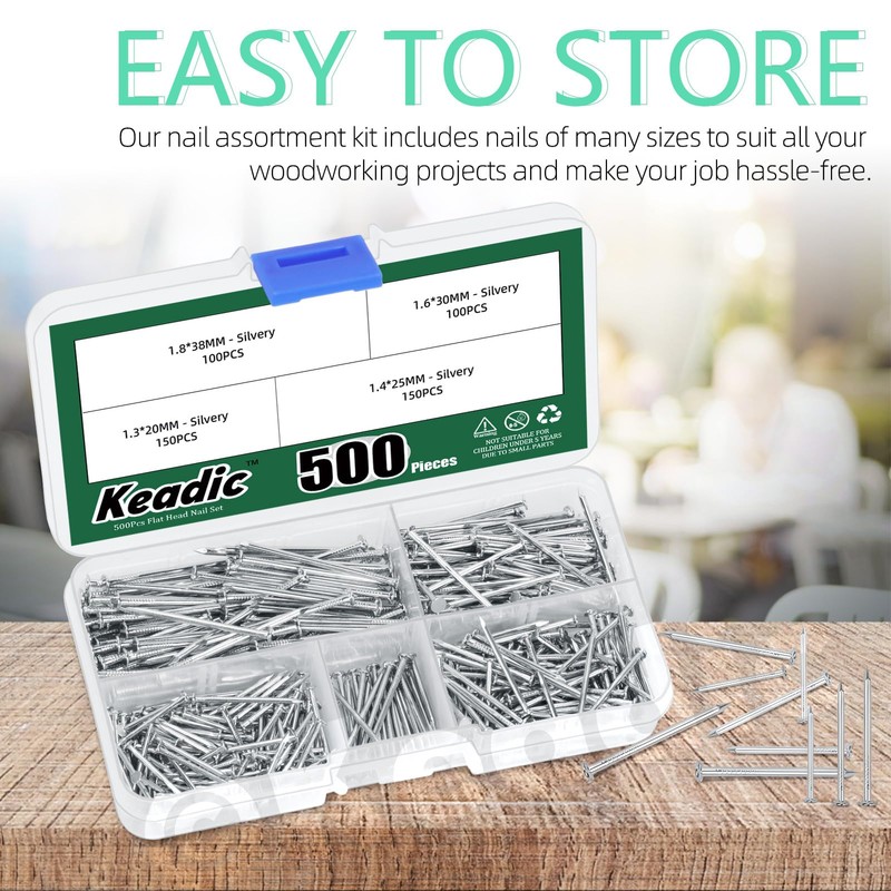 Keadic 500 Pcs Nail Assortment Kit, 4 Sizes, Small Nails,