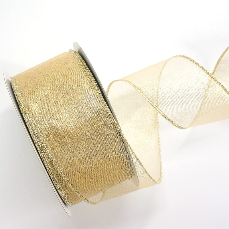ALTIER Light Gold Metallic Ribbon, Wired Edge Ribbon for Christmas