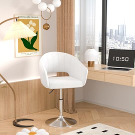 VECELO Velvet Bar Chair, Vanity Stool with High Back Metal Base, Accent Chair Adjustable Vanity Chair with 360°Swivel,Urban Bar Stools for Dining Room Home Office,Pearl White