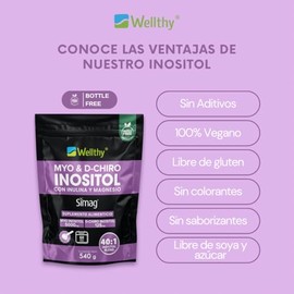 Wellthy Myo & D-Chiro Inositol Polvo 540g con Inulina, Magnesio Marino. Mezcla óptima 40:1 5000mg Myo Inositol, 125mg D-Chiro Inositol, Magnesio 330mg. 100% Naturales, Gluten Free, Sugar Free, Vegan.