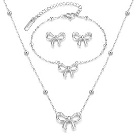 Bow Necklace Earrings Bracelet Set for Women Bow Jewelry Dainty Gold Jewelry Set Bowknot Pendant Necklace Stocking Stuffers for Christmas Gifts