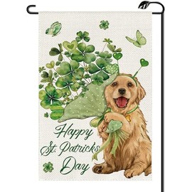 Happy St. Patrick's Day Dog Garden Flag 12x18 Inch Vertical Double Sided Lucky Green Shamrock Clover Bouquet Saint Patty's Day Small Flags Farmhouse Outside Decoration For Yard (ONLY FLAG) SP33