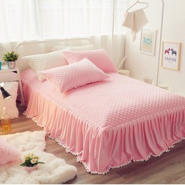 LIFEREVO Luxury Velvet Diamond Quilted Fitted Bed Sheet 3 Side Coverage 18 inch Drop Dust Ruffle Bed Skirt with Pompoms Fringe (King Pink)