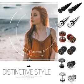 OIDEA 6 Pairs Natural Wood Earrings for Men Women, Rock Punk Stainless Steel Spike Hoop Earrings Stud Earrings Life Tree Cheater Faux Ear Plugs Fake Gauges Illusion Screw
