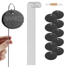 Navaris Slate Garden Markers (10 Pieces) - Plant Marker Label Signs with Stakes - for Plants, Vegetables, Herbs, Gardens - Includes Chalk Pencils - Oval