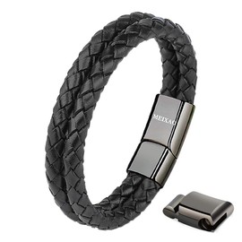 Meixao Bracelet for Men Cowhide Genuine Leather Polished Adjustable Stainless Steel Magnetic Closure (Black, 20)