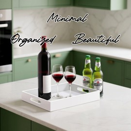 KEVJES Glossy White Acrylic Serving Tray with Handles-Butler Trays for Coffee Table, Snacks,Breakfast in Bed, Kitchen Countertop,Vanity,Makeup Organizer,Ottoman (White, 10x15 Inch)