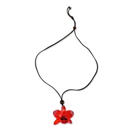 NOVICA Artisan Handmade Natural Orchid Pendant Necklace Adjustable in Ruby from Thailand Flower Leaf Resin Leather Glass Bead [14.5 in min L x 32 in max L 3 mm W Pendant(s) 2.2 in L x 2.4 in W x 0.8]