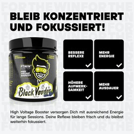 FTWIN HIGH VOLTAGE BOOSTER | For Gamers and E-PORTLERS | Reflex - Focus - Energy - Endurance | 320 g = 40 Servings (320 g, Black Voodoo)