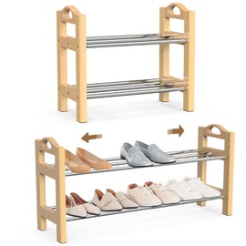 THENNIKIGO Wood 18“-33” Adjustable Shoe Rack Organizer for Entryway, 2 Tier Stainless Steel Expandable Shoe Racks Shelves Organizer Holder Storage and Organization