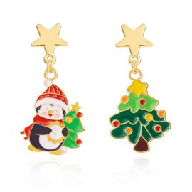 Cute Christmas Dangle Earrings for Women Holiday Reindeer Snowflake Bell Earrings Xmas Tree Snowman Hat Post Earring Set Festive Christmas Jewelry Gifts - Penguin & Christmas Tree