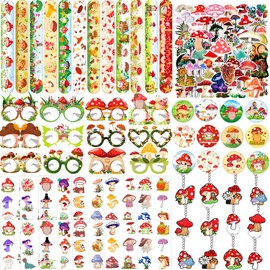 110PCS Mushroom Party Favors Mushroom Themed Slap Bracelet Stickers Tattoos, Keychain, Button Pins, Eyeglasses, Whimsical Woodland Forest Party Supplies Decorations for Garden Fairy Baby Shower
