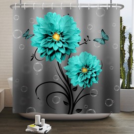 Blue Flower Butterfly Shower Curtain Teal Turquoise Blue Dahlia Bathroom Shower Curtains Set with Hooks 72x72 Inches