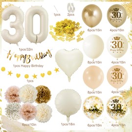 30th Birthday Decorations for Women Men, Beige Gold 30th Birthday Party Decorations with 30th Birthday Balloons, Happy 30th Birthday Banner for 30th Birthday Decoration for Her Him