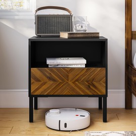 Bme Vivian Side Tables Bedroom, Solid Wood Bed Side Table, Mid Century Modern End Table with Drawer, Herringbone Pattern, Compact for Bedroom & Living Room, Easy Assembly, Chestnut