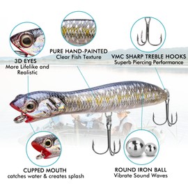 TRUSCEND Diving Fishing Lures with BKK Hooks, Pencil Plopper Fishing Lures for Bass Catfish Pike Perch, Top Water Bait with Propeller Tail, Pencil Fishing Accessories for Freshwater or Saltwater