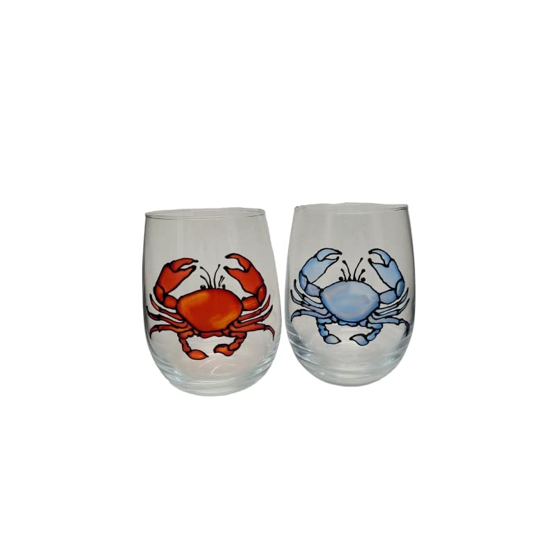 Blue and Red Crab Hand Painted Stemless Wine Glasses Set