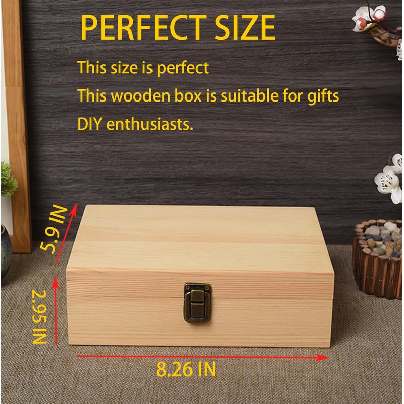 YXFZPAN Wooden Box with Hinged Lid - 8x6x3 Inch Natural