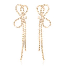 Atifober Gold Rhinestone Bow Tassel Dangle Earrings Bow Ribbon Dangle Earrings Sparkly Earrings Gold Statement Fringe Earrings Wedding Guest Earrings Cute Gold Earrings For Women Prom Birthday Party Jewelry
