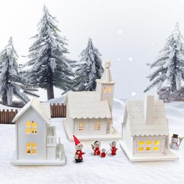 Pack of 3 Christmas Village with Lighting, Gnome House with Light, Christmas Decoration Wooden LED, Christmas House Decoration, Gnome Door Christmas, Christmas Decoration American Indoor Mini