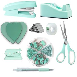 Mint Green Office Supplies, Teal Desk Accessories for Women, Stapler Tape Dispenser Set,Scissors, Sticky Notes, Pen, Tacks, Clips,Hole Punch, Staples,Office School Supplies, Teal (Mint Green)